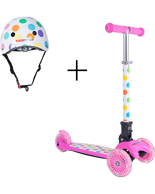 Kiddimoto Foldable Kids 3 Wheeled Scooter U-Zoom with Helmet, Pastel Dotty Scooters