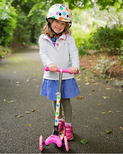 Kiddimoto Foldable Kids 3 Wheeled Scooter U-Zoom with Helmet, Pastel Dotty Scooters