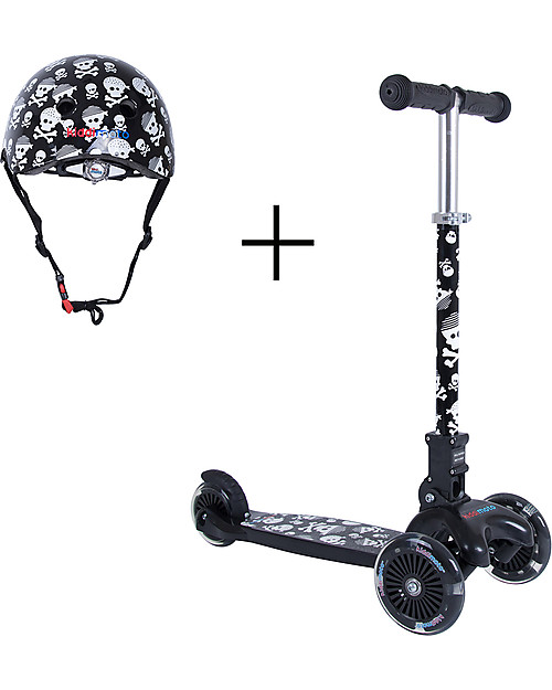 Kiddimoto Foldable Kids 3 Wheeled Scooter U-Zoom with Helmet, Skulls and Cross Bones Scooters