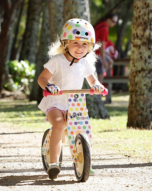 Kiddimoto Wooden Balance Bike Kurve with Helmet, Pastel Dots Balance Bikes