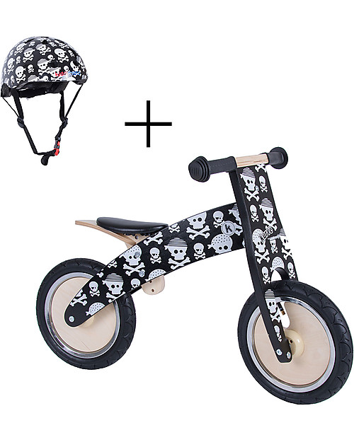 Kiddimoto Wooden Balance Bike Kurve with Helmet, Skulls Balance Bikes