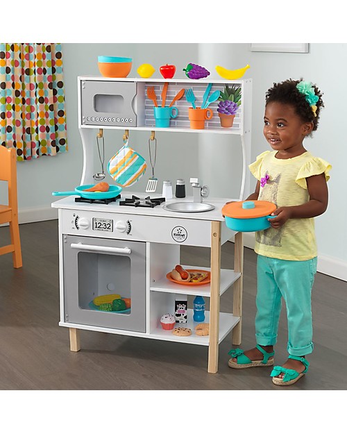 Basics Kids Upright Wooden Kitchen Toy Playset with Stove, Oven,  Sink, Fridge and Accessories, for Toddlers, Preschoolers, Children Age 3+
