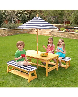 KidKraft Outdoor Table and Bench Set with Cushions & Umbrella - Wood Outdoor Games and Toys_