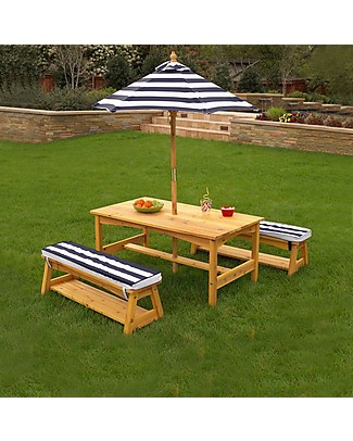 KidKraft Outdoor Table and Bench Set with Cushions & Umbrella - Wood Outdoor Games and Toys_