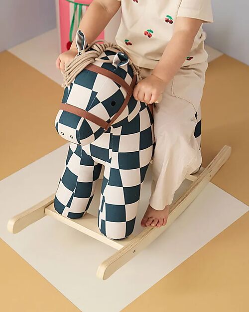 Kid's Concept Rocking Horse - Miro - Check Pattern - Petrol Blue and White - 18m+ Rides On