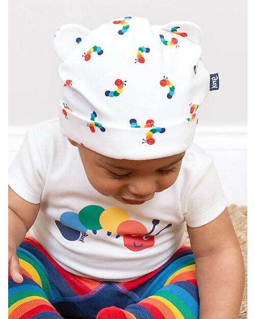 Kite Cap with Ears - White - Multicolored Caterpillars - 100% Cotton Sunhats