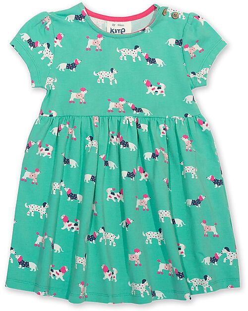 Kite Flora Short Sleeves Dress - Green - Dogs - Flared Cut - Organic Cotton Jersey Dresses_