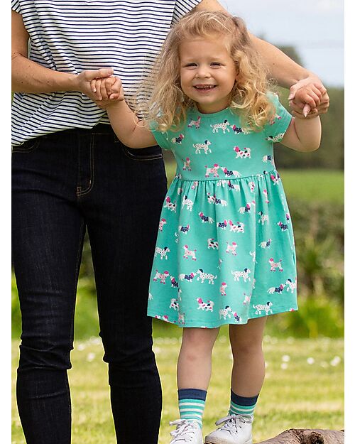 Kite Flora Short Sleeves Dress - Green - Dogs - Flared Cut - Organic Cotton Jersey Dresses_