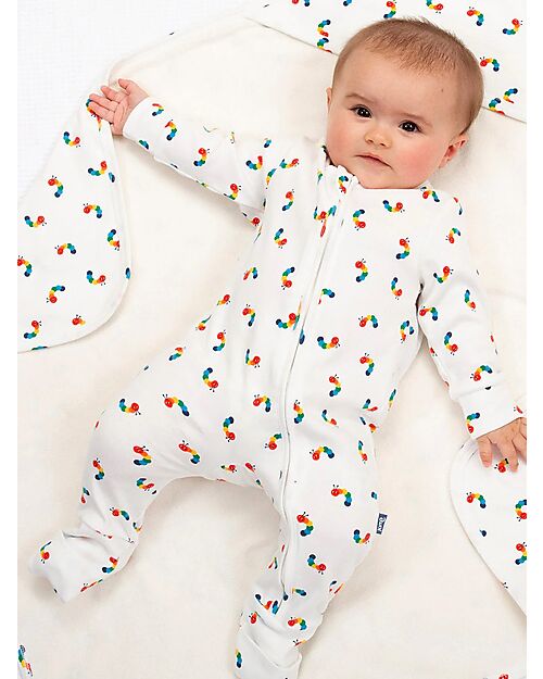 Kite Long Sleeves Romper - Cream - Multicolored Caterpillar Print - with Front Zip - Organic Cotton Babygrows