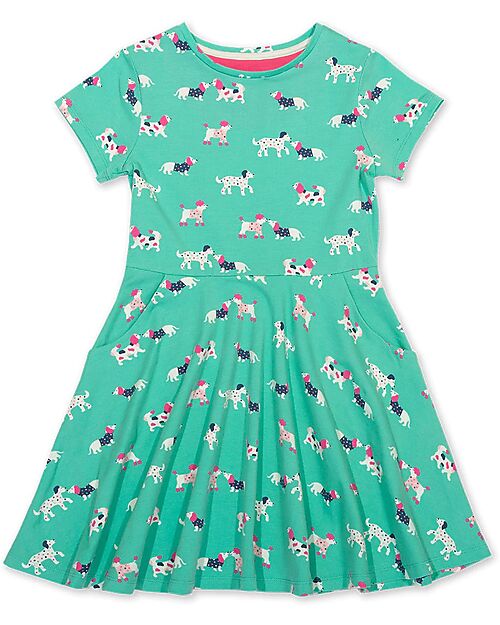 Kite Short Sleeves Dress - Green - Dogs - Flared Cut - Organic Cotton Jersey Dresses_