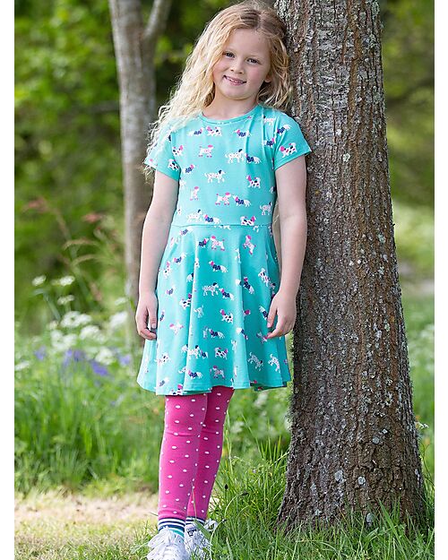Kite Short Sleeves Dress - Green - Dogs - Flared Cut - Organic Cotton Jersey Dresses_