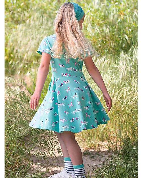 Kite Short Sleeves Dress - Green - Dogs - Flared Cut - Organic Cotton Jersey Dresses_
