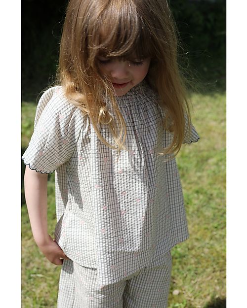 Konges Slojd Bitsy Blouse - Three Leaf Check - with Elasticated and Gathered Collar Bluse