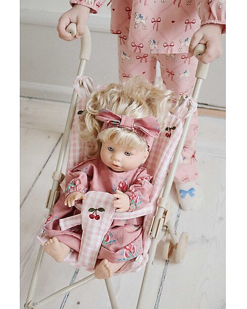 Konges Slojd Doll Stroller - Powder Pink Check - Cotton and Metal Dolls Accessories