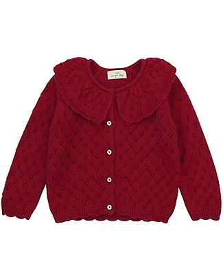 Konges Slojd Drilled Cardigan with Rouche Neck - Red Holiday - 100% Merino Wool Cardigans