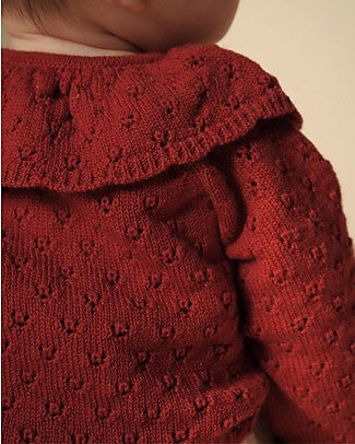 Konges Slojd Drilled Cardigan with Rouche Neck - Red Holiday - 100% Merino Wool Cardigans