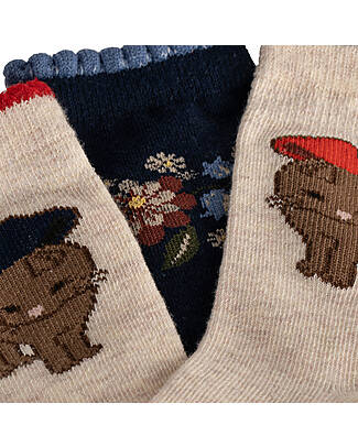 Konges Slojd Set of 2 Lapis Cotton Socks - Cat Flower - Navy Blue Cream Socks