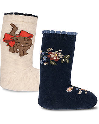 Konges Slojd Set of 2 Lapis Cotton Socks - Cat Flower - Navy Blue Cream Socks