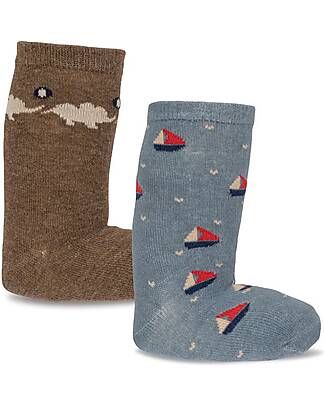 Konges Slojd Set of 2 Lapis Cotton Socks - Elephant Boat - Light Blue Brown Socks