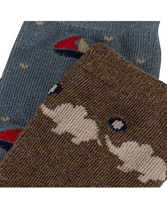 Konges Slojd Set of 2 Lapis Cotton Socks - Elephant Boat - Light Blue Brown Socks