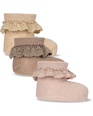 Konges Slojd Set of 3 Lace Socks with Ruffles - Rose Sand Roebuck - Organic Cotton and Lurex Socks