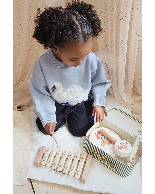 Konges Slojd Wooden Music Set - Tambourine Flute and Drum Rattle - FSC Wood Musical Instruments