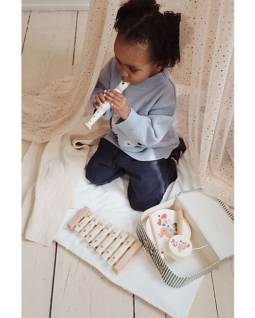 Konges Slojd Wooden Music Set - Tambourine Flute and Drum Rattle - FSC Wood Musical Instruments