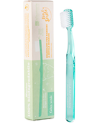 La Saponaria Kids Toothbrush in Vegetable Fiber - Green - 100% Biodegradable! Toothpaste and Toothbrush