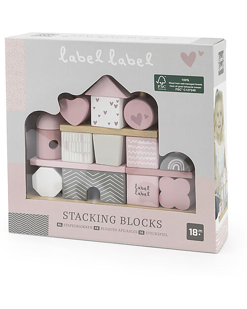 Label Label FSC Wooden Stackable Block House - Pink - 12+ m Wooden Stacking Toys