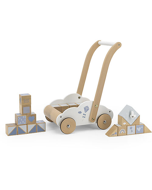 Label Label Wooden First Steps Trolley with Blocks - Light Blue - 12+ m Push-Toys