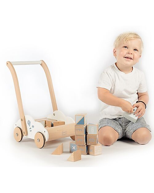 Label Label Wooden First Steps Trolley with Blocks - Light Blue - 12+ m Push-Toys