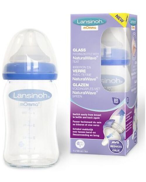 Lansinoh Glass Baby Bottle - Natural Wave Teat - 160 ml - From Birth - BPA and BPS free Baby Bottles