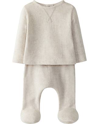 Laranjinha 2-piece Birth Set Shirt and Trousers with Feet - Beige - 100% Antibacterial Cotton Sets And Co-Ords