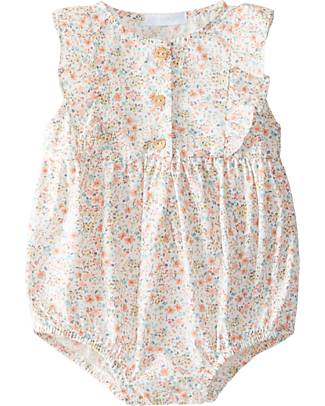 Laranjinha Body with Ruffles - Floral Pattern - White - 100% Cotton Short Rompers