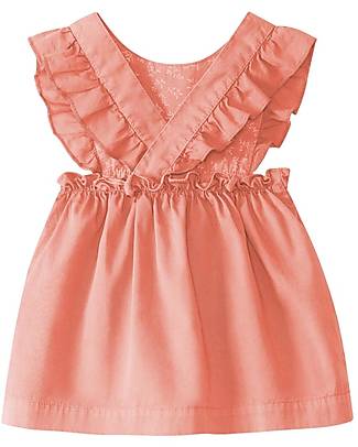 Laranjinha Pinafore with Frills and Crossed Braces - Coral - Cotton Dresses_