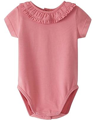 Laranjinha Short Sleeved Bodysuit with Frills - Medium Pink - Elasticated Cotton Short Sleeves Bodies