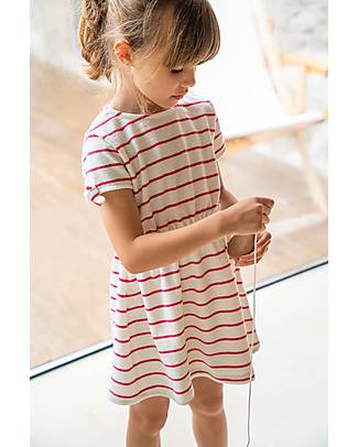 Laranjinha Striped Dress with Short Sleeves - Fuchsia - 100% Cotton Dresses_