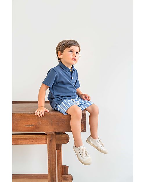 Laranjinha Striped Shorts with Elasticated Waist and Drawstring - Indigo - Cotton Shorts