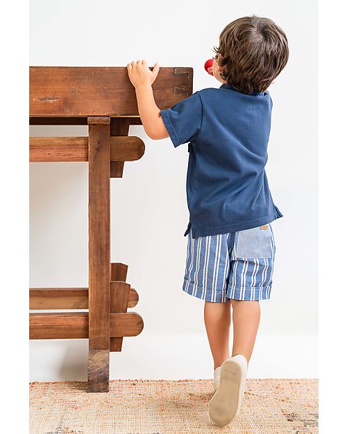 Laranjinha Striped Shorts with Elasticated Waist and Drawstring - Indigo - Cotton Shorts