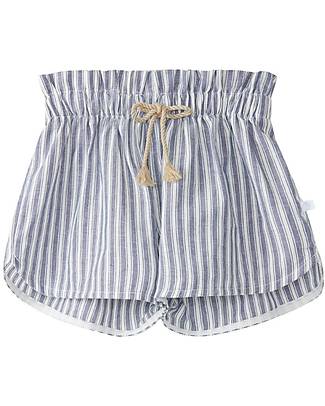 Laranjinha Striped Shorts with Elasticated Waist - White/Navy - Linen and Cotton Shorts