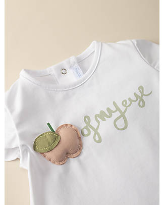 Laranjinha T-Shirt with Applique Apple - Natural - Elasticated Cotton T-shirts