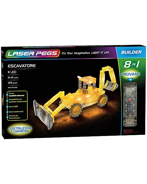 Laser Pegs Excavator 8 in 1 Lighted Construction Set, 129 pieces and 11 LED Wooden Blocks and Construction Sets