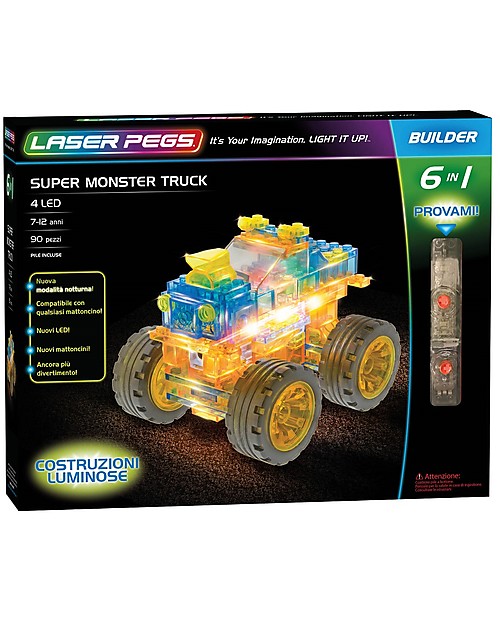 Laser Pegs Super Monster Truck 6 in 1 Lighted Construction Set, 90 pieces and 4 LED STEM toys