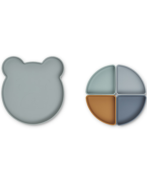 Liewood Arne Divider Plate - Mr Bear - Blue Fog Multi Mix Bowls & Plates