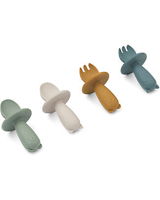 Liewood Avril Baby Cutlery 4-Pack - Faune Green Multi Mix - Silicone Cutlery