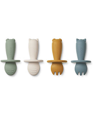 Liewood Avril Baby Cutlery 4-Pack - Faune Green Multi Mix - Silicone Cutlery
