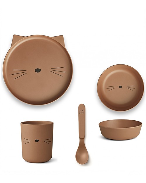 Liewood Bamboo Dinner Set, 4 pieces - Terracotta Cat Bowls & Plates