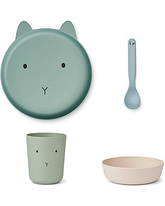 Liewood Brody Junior Dinner Set - Rabbit Stormy - Dusty Mint Multi Mix - Set 4 Pieces - 100% Biodegradable! Meal Sets