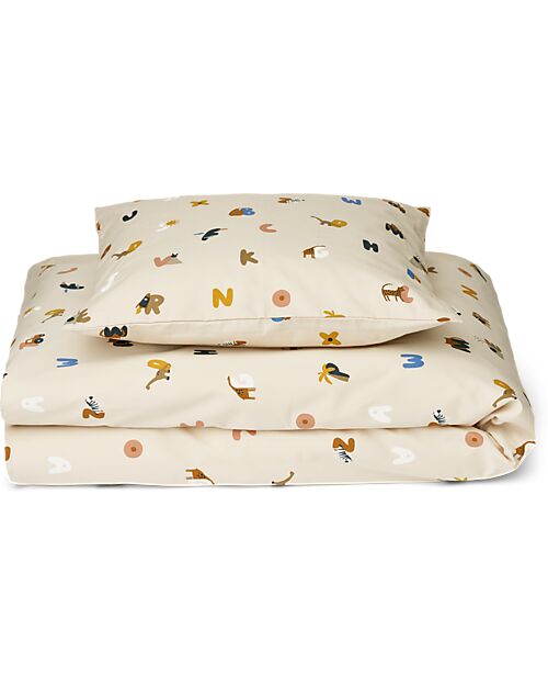 Liewood Duvet Cover and Pillowcase Set - Ingeborg Junior - 100x70 cm - Alphabet - Sand - 100% Organic Cotton Duvet Sets