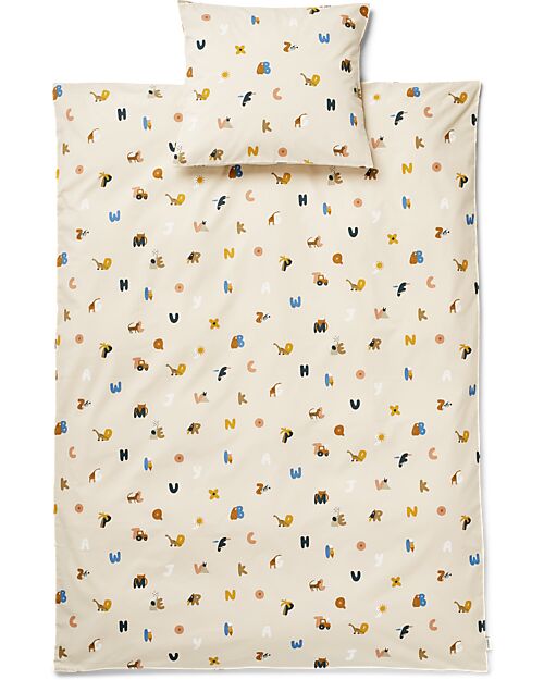 Liewood Duvet Cover and Pillowcase Set - Ingeborg Junior - 100x70 cm - Alphabet - Sand - 100% Organic Cotton Duvet Sets